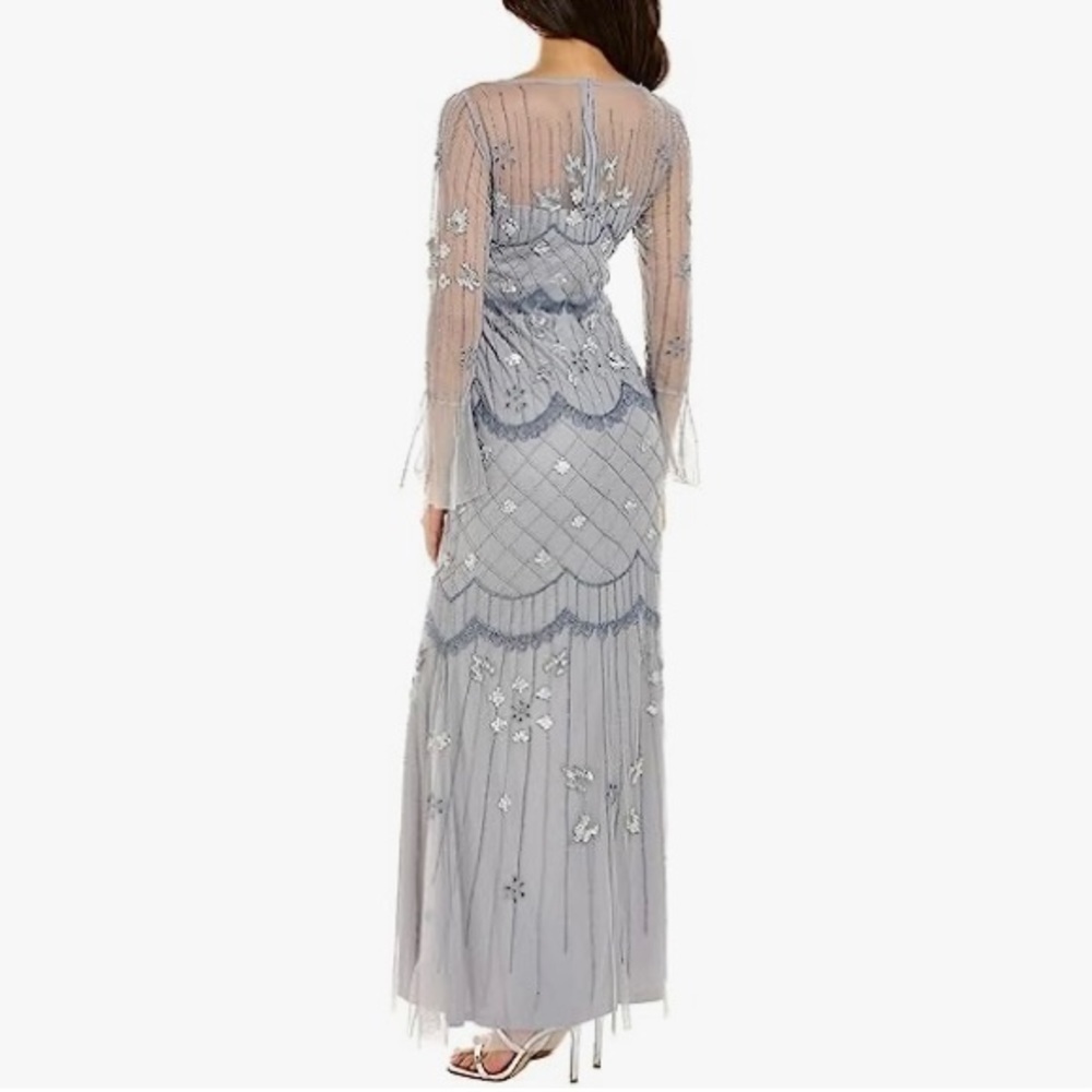Adrianna Papell Bell Sleeve Illusion Beaded Mesh Covered Gown in Silver Mist 16 - Picture 2 of 7